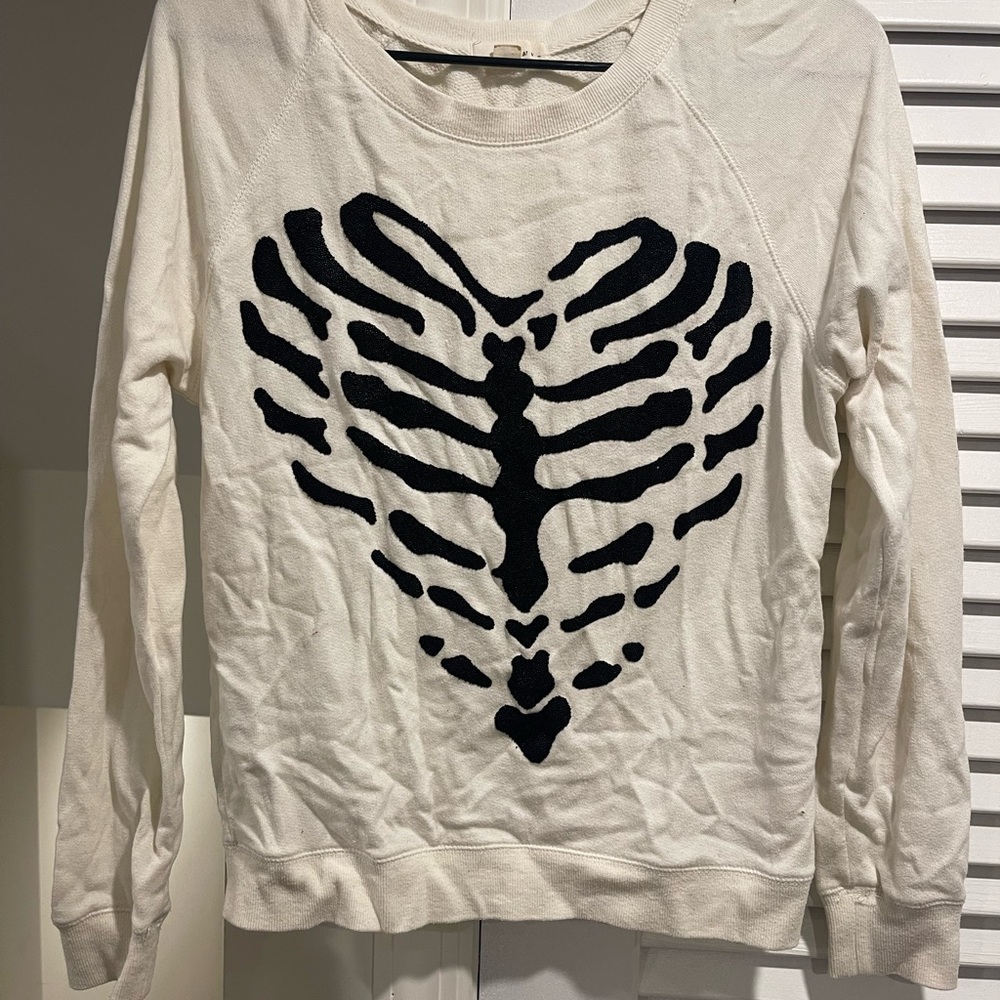 Garage White Crewneck Sweater with Black Heart Ribcage Graphic